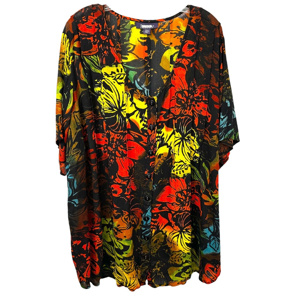 Roamans Plus Size 24W Top Black Floral V-Neck Button Front Short Sleeve Boho 654